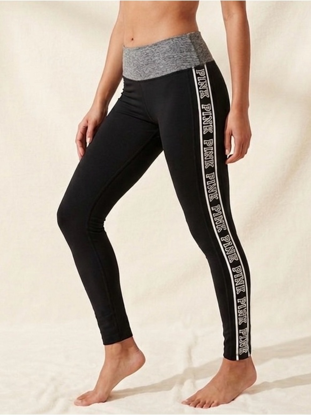 PINK Victoria's Secret Black Logo Leggings with Gray Waistband